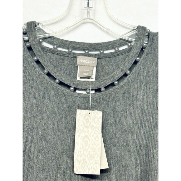 Chico's Gray Oversized Poncho Sweater S/M Peal Detail Embellished Neckline New - Picture 2 of 6